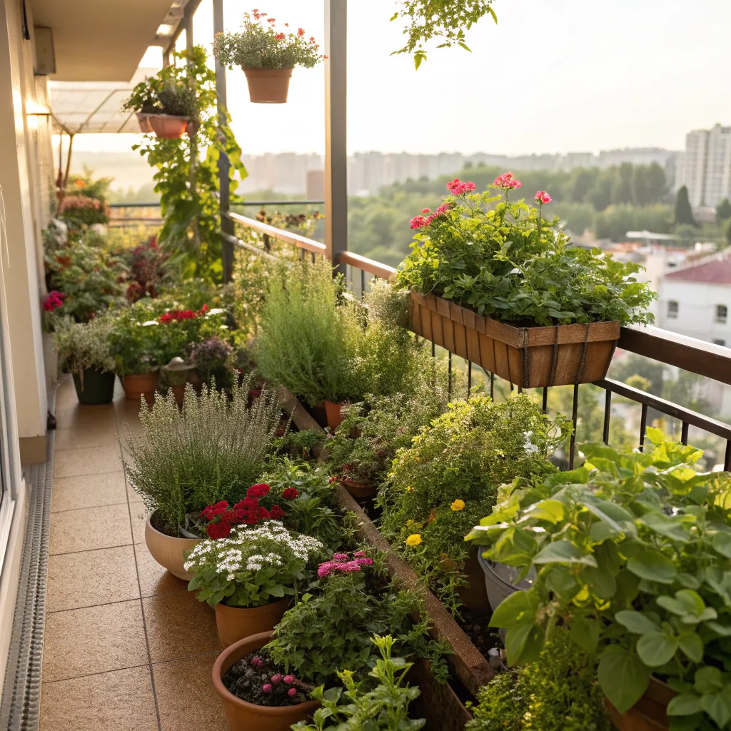 Beautiful balcony garden with various plants